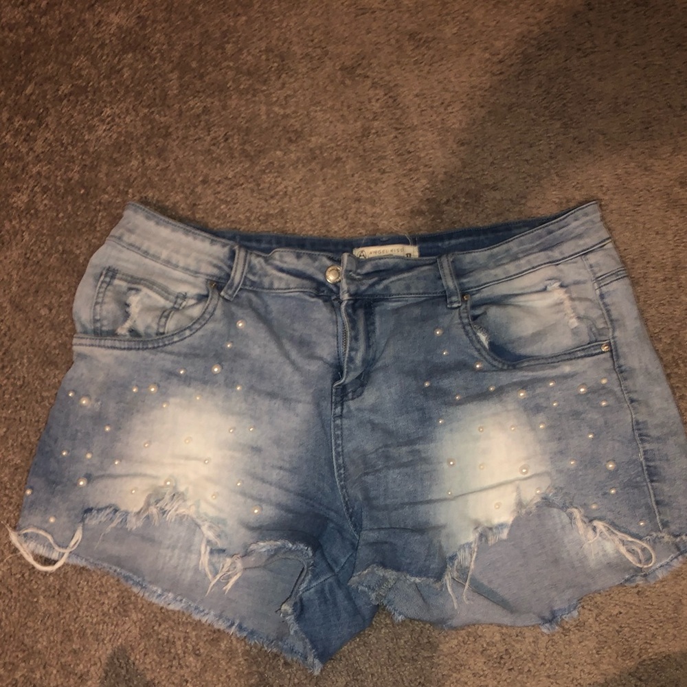 pearl embellished jean shorts